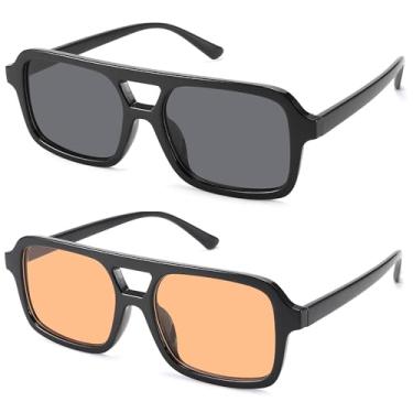 Imagem de Óculos de sol aviador retrô anos 70 para mulheres e homens, óculos de sol retangulares vintage modernos quadrados, Preto/Cinza + Preto/Cinza