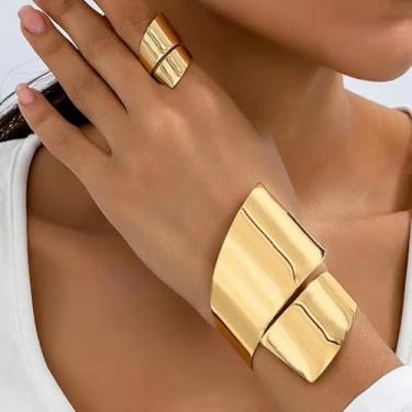 Imagem de Conjunto de anéis de pulseiras grossas para mulheres ajustável moda irregular conjunto de joias modernas presentes, One size, Liga de aço, Sem Pedra Preciosa