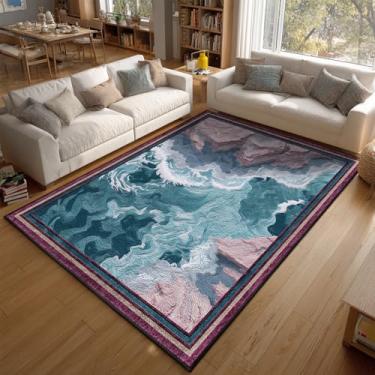 Imagem de AQQA Tapetes abstratos modernos para sala de estar 2,1 x 1,5 m, tapete antiderrapante para ondas do oceano e montanhas, tapete macio para quarto, sala de jantar, berçário (verde e rosa)