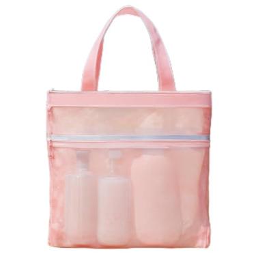 Imagem de Bolsa de banho de malha portátil com zíper e 2 bolsos – grande capacidade, secagem rápida, leve, bolsa de higiene pessoal dobrável e pendurada (rosa)