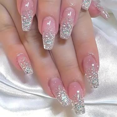 Imagem de Prensa quadrada de caixão em unhas francesas rosa longas com design de decoração de glitter brilhante - conjunto brilhante de cobertura completa para mulheres - 24 peças