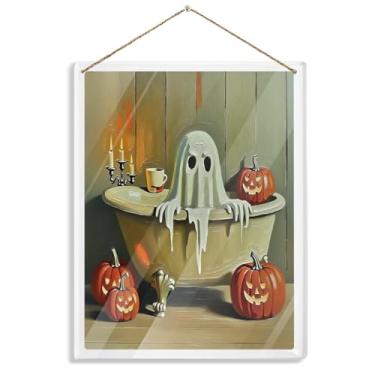 Imagem de Vela de abóbora fantasma decoração de parede acrílica decoração de banheiro fantasma decoração de banheiro assustador Halloween sinal decorativo engraçado para banheiro 18 x 13 centímetros (A141)