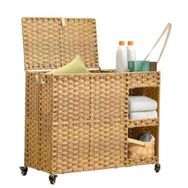 Imagem de Cesto de lavanderia com rodas, 160 litros, organizador de roupas com prateleiras, cesto de roupas de vime com 4 forros removíveis e 3 sacos de malha, organizador de tecido à mão para quarto, banheiro