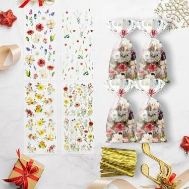 Imagem de 100 peças de sacos de festa de celofane embalagem de biscoito de plástico para doces sacos de presente transparentes decorações de lembrancinhas 4 designs com 100 laços para chá de aniversário e chá