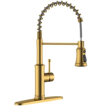 Imagem de DAYONE Torneira de pia de cozinha dourada escovada antiga com pulverizador de puxar para baixo, torneira de pia vintage de mola de aço inoxidável de 3 modos para fazenda cozinha bar campista 1 ou 3