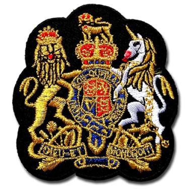 Imagem de Emblema de brasão real bordado com ferro ou costurado no brasão de unicórnio e leão britânico com coroa, aplique de estilo militar luxuoso de fio dourado para jaquetas, uniformes ou acessórios de moda