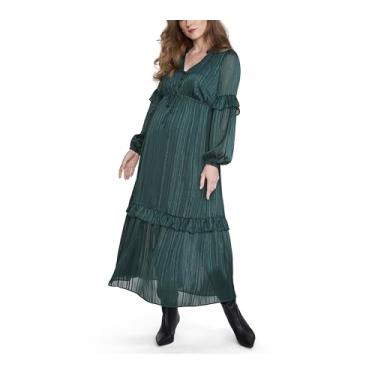 Imagem de Motherhood Maternity Vestido longo feminino de manga comprida com gola V em camadas com cordão, Bioma Florestal, M
