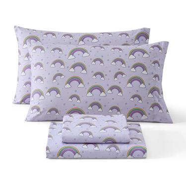 Imagem de HLC.ME Lençóis de cama infantil com estampa de arco-íris roxo - Conjunto de lençóis com estampa de 3 peças - Resistente a rugas e ultramacio - Serve em colchões de até 38 cm de profundidade - Solteiro