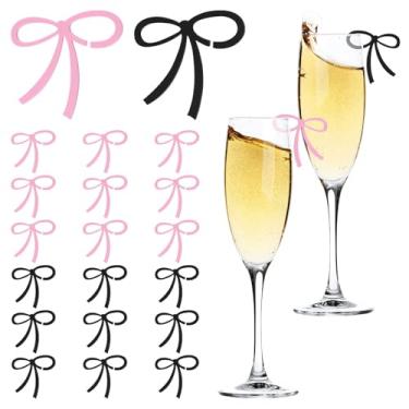 Imagem de HACRAHO Etiquetas para bebidas com laços, 20 peças de pingentes de taça de vinho de acrílico, rosa e preto, lembrancinhas de festa com tema de despedida de solteira, aniversário, casamento, coquete