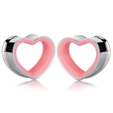 Imagem de Maxbott Túneis de orelha em forma de coração 316 aço inoxidável coração oco duplo alargador alargador túneis piercing corporal brinco joia para mulheres homens 8 mm-19 mm (rosa prata, 10 mm (00G))