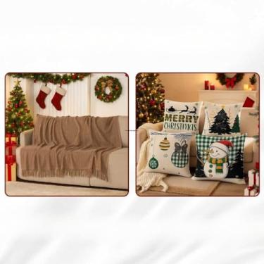 Imagem de Manta Sofa, Kit Capas de Almofada Digital Natalina Decoração Natal Sala(Manta Avelã + Encanto Verde)