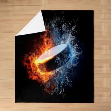 Imagem de Erosebridal Cobertor de flanela de hóquei no gelo, cobertor de lã para jogador de hóquei, jogo esportivo juvenil vermelho e azul, disco de bola de hóquei, decoração de quarto de esportes de inverno