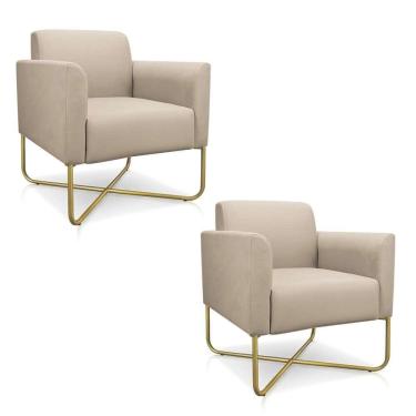Imagem de Kit 2 Poltronas Decorativas Base Industrial X Dourada Maressa S03 Suede Bege - Ibiza
