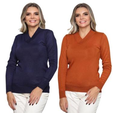 Imagem de Kit 2 Blusa Tricot Gola V Inverno Moda Casual - SP/CXX, Marinho, Ferru