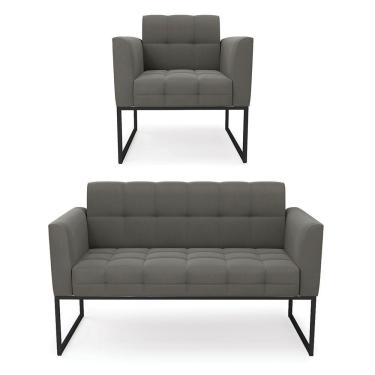 Imagem de Kit 1 Sofá Namoradeira E 1 Poltrona Elisa Suede Grafite Base Metálica Industrial Preto - D'rossi