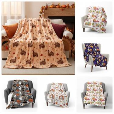 Imagem de Fanfanwin Pacote com 6 cobertores de outono a granel outono dia das bruxas cobertor de flanela abóbora leve manta macia quente fofa colcha de pelúcia para sala de estar sofá dormitório (127 x 152 cm