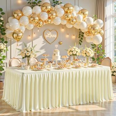 Imagem de Toalhas de mesa de cetim champanhe de 1,2 m para mesas retangulares - Capa de mesa de festa de elastano brilhante com saia de mesa plissada, toalha de mesa de casamento sem rugas e brilhante, peça