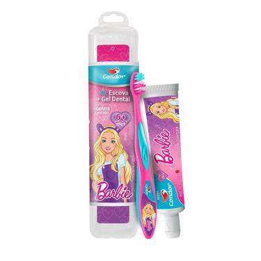 Imagem de Kit Escova + Gel Dental Condor Kids Barbie com Flúor Morango 50g e Ganhe Estojo Protetor