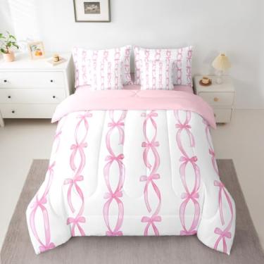 Imagem de jejeloiu Conjunto de edredom com laço rosa para meninas, 7 peças, solteiro, com estampa de laço, para crianças, adolescentes e adolescentes, decoração de quarto, microfibra leve e macia