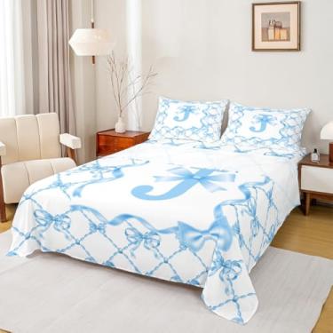 Imagem de Erosebridal Jogo de lençol solteiro com laço azul para meninas | Jogo de lençol com letra J fofo com laço de coquete, princesa, estética, lençol infantil