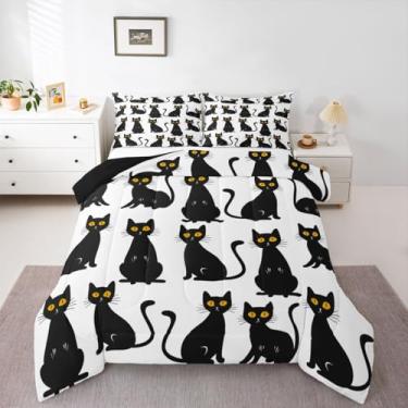 Imagem de jejeloiu Conjunto de edredom com estampa de gatos pretos, tamanho solteiro, para crianças, meninos, meninas, edredom fofo, edredom para decoração de quarto, microfibra, 2 peças com 1 fronha