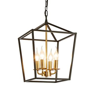 Imagem de Lustre de casa de fazenda preto e dourado de 4 luzes, luminária pendente de teto industrial com gaiola de metal altura ajustável Luz suspensa rústica base E12 para ilha de cozinha, sala de jantar