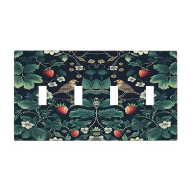 Imagem de Naiqadnehz Capas para interruptores de luz, morango, pássaros, flores, planta, morris, floral, quadriciclo, placa elétrica para parede de 4 grupos, placas decorativas para decoração de quarto de