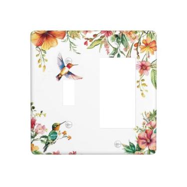 Imagem de JDAKHD Conjunto de placa de parede Farmhouse floral com 2 gangos e decorador em aquarela beija-flor e arte botânica de primavera + capa de tomada Gfci para escritório, varejo e espaços comerciais