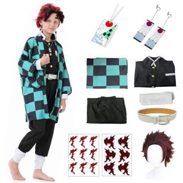 Imagem de Powzaty Fantasias de quimono de anime masculinas, meninos, Halloween, cosplay, roupas verdes, uniformes para festivais, vestido com peruca (conjunto verde, adulto GG)