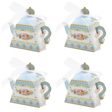 Imagem de 20 caixas de lembrancinhas de festa de chá, bule de chá floral vintage, caixa de presente de guloseimas de flores doces com fita para casamentos, chás de noiva, decoração de mesa de centro de mesa