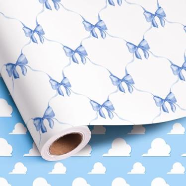 Imagem de Altarho Rolo de papel de embrulho de laço azul reversível - Folhas de embrulho de presente com design de laço de fita azul bebê para chá de bebê, aniversário, casamento, despedida de solteira total