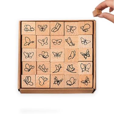 Imagem de Conjunto de 25 peças de carimbos de borracha de madeira, decoração de plantas, artesanato DIY, borboletas fofas e designs botânicos para diários, álbuns, agendas e artesanato DIY (borboleta)