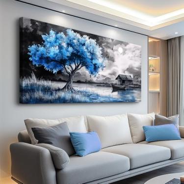 Imagem de PHAOHUAXM Arte de parede grande para sala de estar quarto decoração de parede cenário preto branco e árvores azuis pintura de parede moderna decoração de casa para quarto escritório obras de arte em