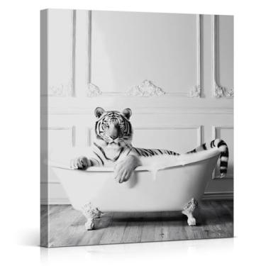 Imagem de Arte de parede de banheiro de tigre engraçado pôster impresso de tigre preto e branco decoração de parede de animal engraçado para banheiro 20 x 25 tela emoldurada