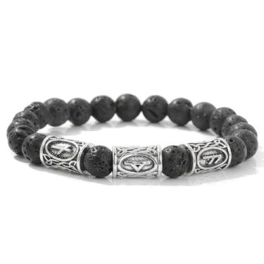 Imagem de Chiorgone Pulseira de pedra vulcânica runa viking - amuleto nórdico para riqueza, crescimento, paz e proteção - Joia espiritual unissex