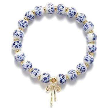 Imagem de Pulseira de cerâmica floral azul e branca, joia elástica com pingente de laço dourado, estilo chinês vintage para mulheres (ouro)