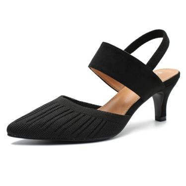 Imagem de Enelauge Sandália feminina de salto baixo de malha com tira elástica no tornozelo, bico fechado, bico fino, para casamento, formatura, Preto, 39