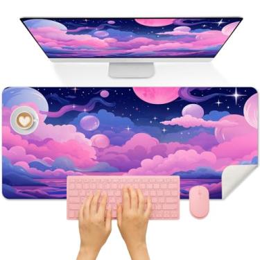 Imagem de Britimes Tapete de mesa planeta e nuvens rosa azul fofo colorido céu deak pad antiderrapante couro PU grande teclado mouse pad acessórios de escritório desktop para escritório, trabalho, decoração de