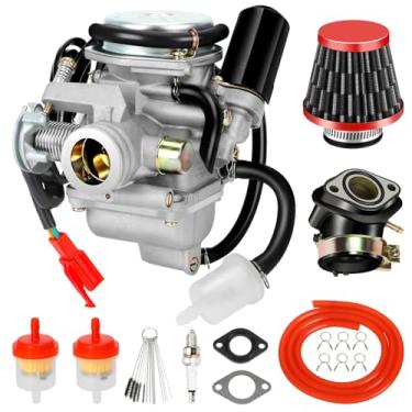 Imagem de XIKOBY GY6 Carburador 150cc PD24J compatível com 125cc 152QMI 157QMJ 4 tempos Kazuma Taotao Roketa SunL Kymc-o Baja motocicleta scooter Quad 4 rodas ATV Go Kart peça com coletor de admissão
