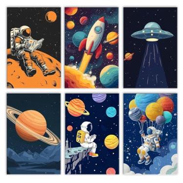 Imagem de Aihonmin Astronauta Pacote com 6 tintas por números para adultos universo espacial pintura por número kit em tela para iniciantes DIY aquarela pintura acrílica para decoração de parede de casa