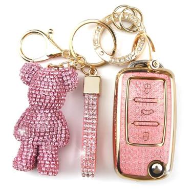 Imagem de Rayslesan Linda capa de chaveiro com pingente de urso de strass, capa inteligente de TPU para mulheres, compatível com VW Tiguan Passat Polo MK5 Touran Jetta Beetle Golf Santana Scirocco Eos (3 botões