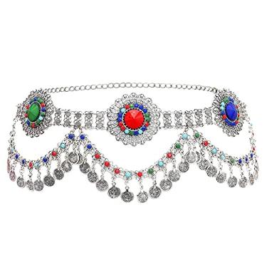 Imagem de YWangQiang Moedas de metal corrente de barriga joias hippie boho flor acrílico contas boêmio cinto dança correntes de barriga joias (cor: prata)