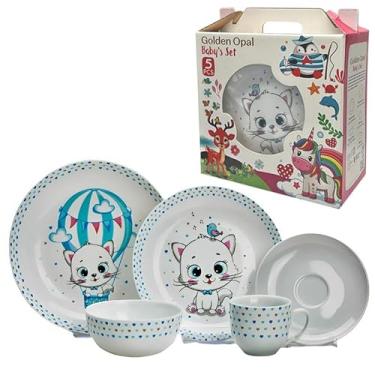 Imagem de Kit Refeição Infantil 5 Peças em Vidro Opaline, Transparente, Estampa Divertida de Gatinhos, 6 Unidades, Seguro para Lava-louças