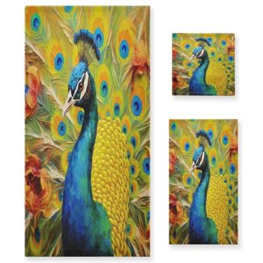 Imagem de Blueangle Conjunto de toalhas de pintura a óleo de pavão - 3 peças de toalhas de banheiro absorventes macias para spa e decoração de casa (inclui banho, toalha de mão e toalha) #544