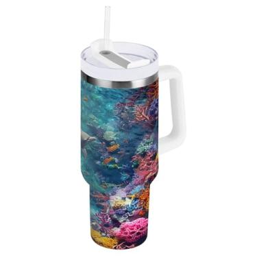 Imagem de Blueangle Copo isolado de 850 g com alça e tampa de canudo - Caneca de viagem de aço inoxidável à prova de vazamento, garrafa de água colorida de recifes de coral a vácuo de parede dupla (777)