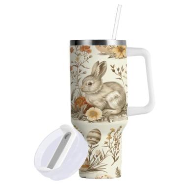 Imagem de Blueangle Copo de coelho da Páscoa de 850 g com alça e tampa de palha, copo isolado reutilizável de aço inoxidável garrafa de água caneca de viagem (69)