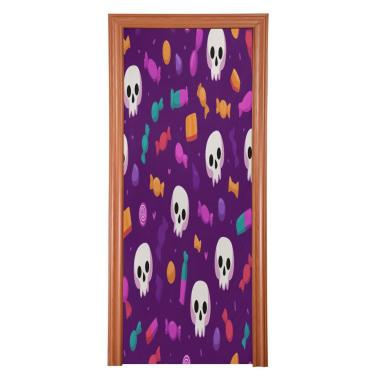 Imagem de Blueangle Capa de porta elástica com estampa de caveira e doces - Faixa de porta frontal de tecido elástico para Halloween, decoração de festa em casa ao ar livre (761)