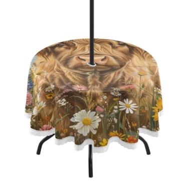 Imagem de Blueangle Toalha de mesa redonda impermeável de 152 cm para uso ao ar livre, linda vaca Highland com orifício para guarda-chuva, tecido resistente para todos os climas para pátio, acampamento