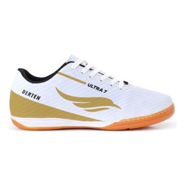 Imagem de Chuteira Futsal Tênis Salão Quadra Adulto Costurada Resistente Original (Branco/Dourado, BR, Adulto, Numérico, 42)