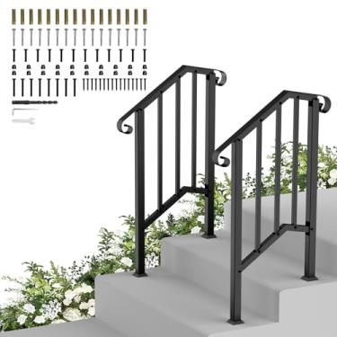 Imagem de Trilhos de mão para degraus externos, ângulo ajustável, corrimão de escada de 1 a 2 degraus, aço galvanizado, 272 kg, LC, kit de corrimão de escada interna, impermeável, para varanda externa, corrimão
